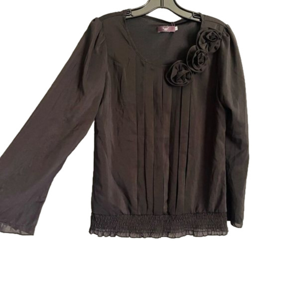 Black Pleated Blouse with Shirred Hem and Floral Rose Design